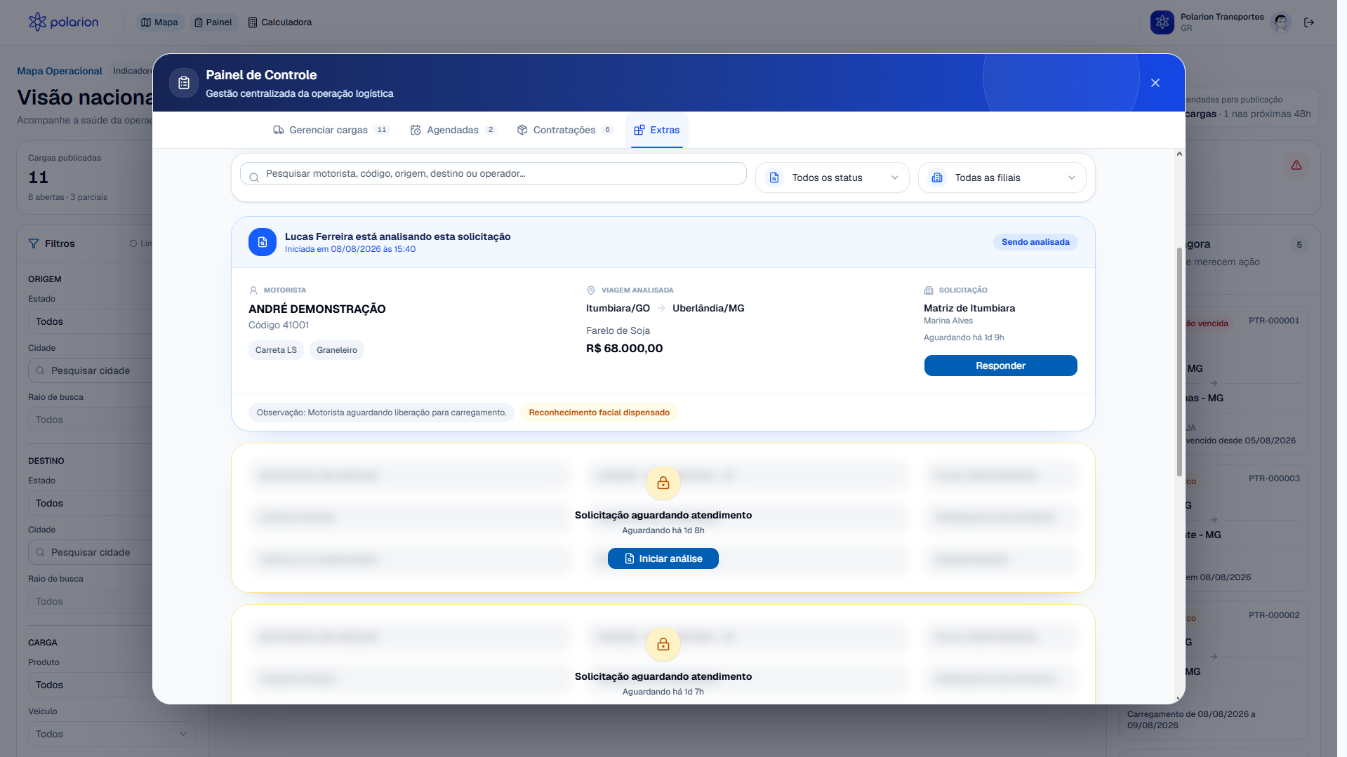 Tela de Gerenciamento de Risco com solicitações em análise e aguardando atendimento